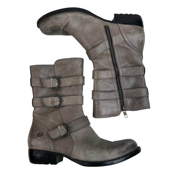 Born Size 8 Mariette Boots Gray Leather Buckle Moto Punk Grunge Boho Mid Calf - Picture 2 of 11